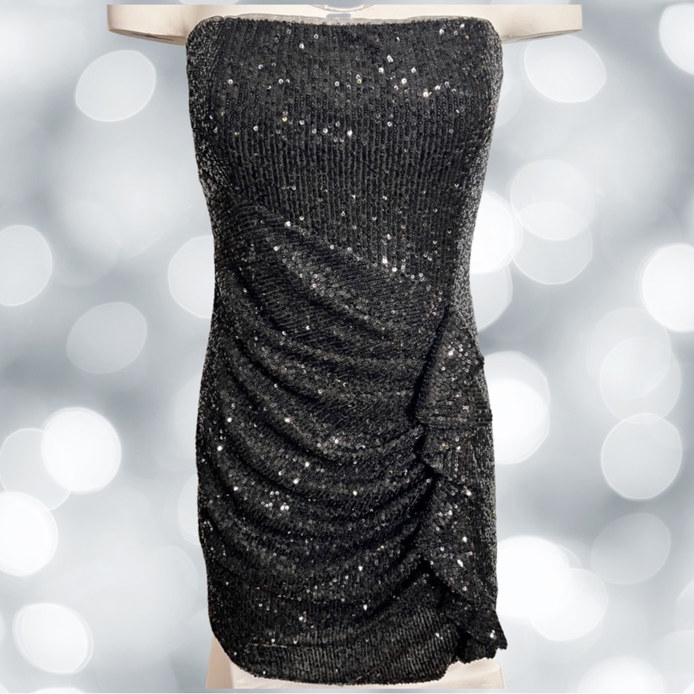 Parker Black Aurelua Sequin Side Ruffle Strapless Dress